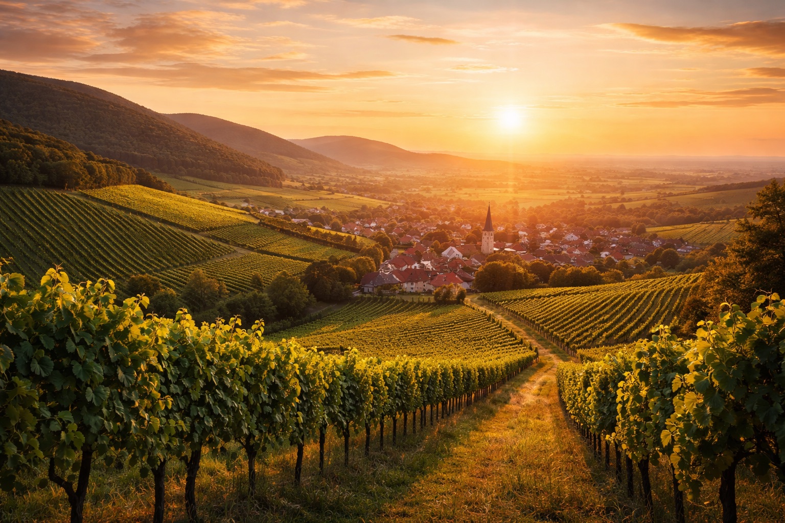 Weinberge in der Pfalz bei Sonnenuntergang